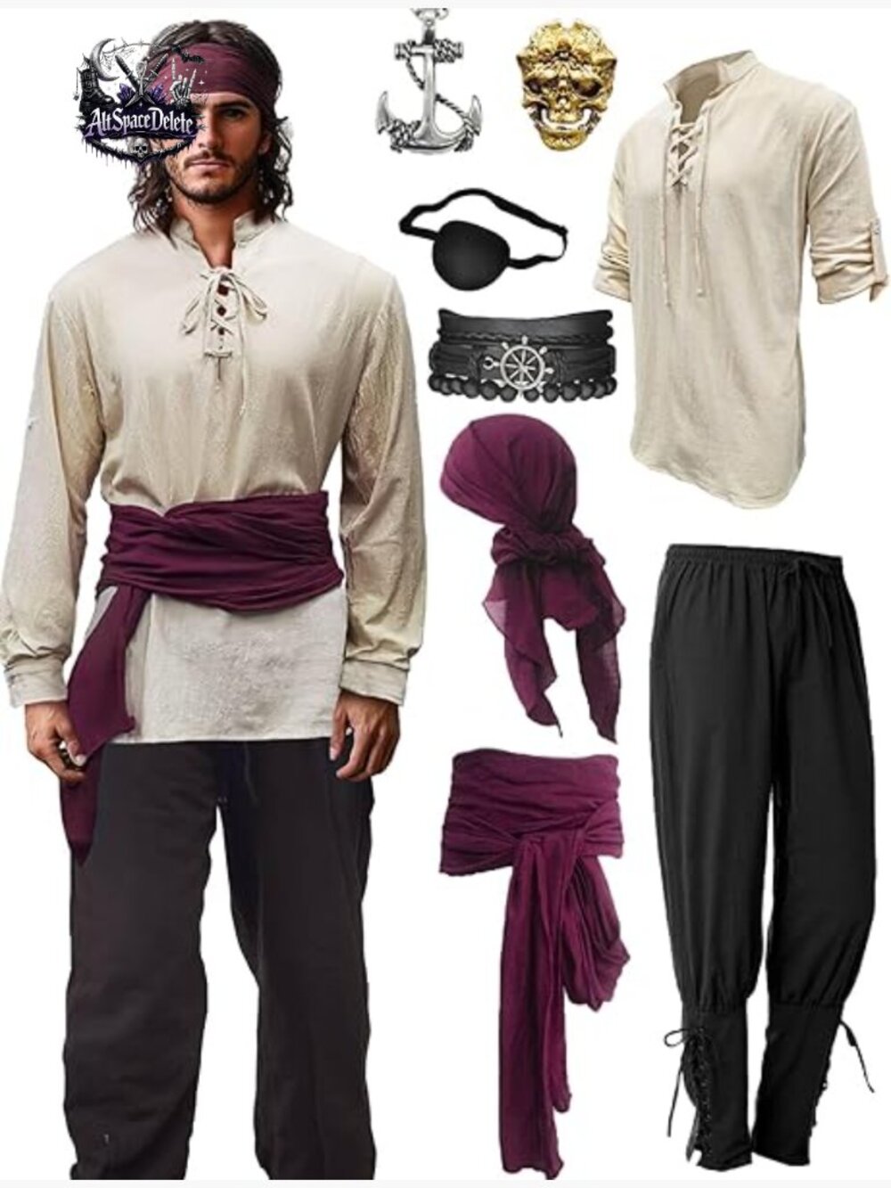 8-Piece Pirate Costume Set Men Renaissance Medieval Outfit Shirt Pants Sash
